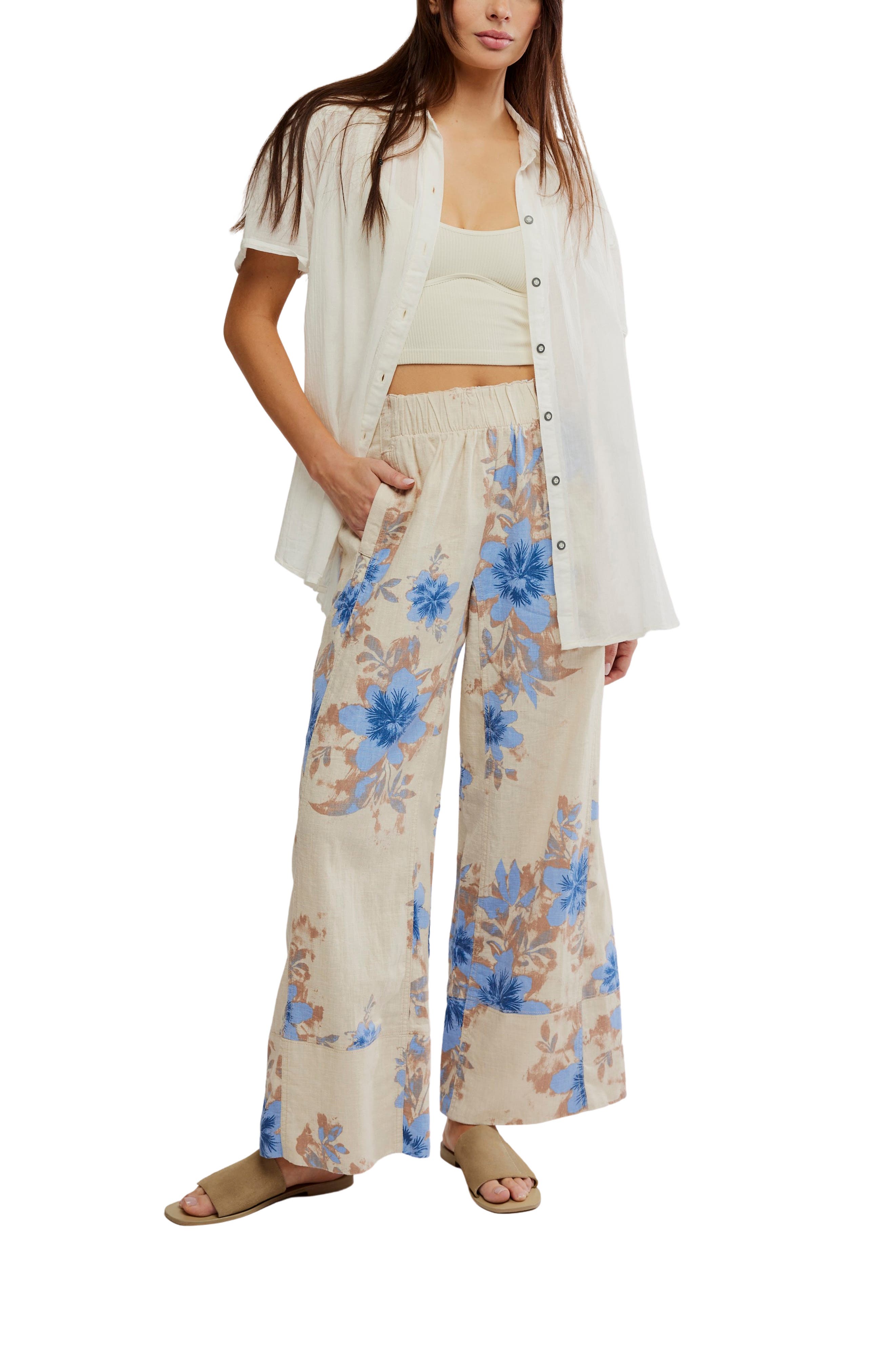 Free People Days End Floral Wide Leg Linen Blend Pants (Women