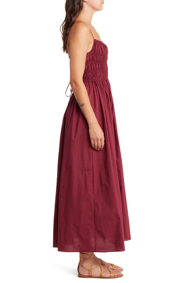 MOON RIVER Smocked Tie Back Midi Dress, Alternate, color, Burgundy