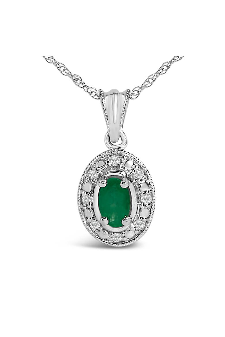14K White Gold Oval Green Emerald and Diamond Halo Pendant Necklace, Alternate, color, White