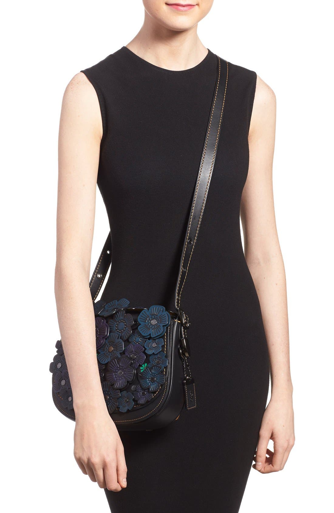 COACH 1941 '23' Flower Appliqué Leather Saddle Bag, Alternate, color, 