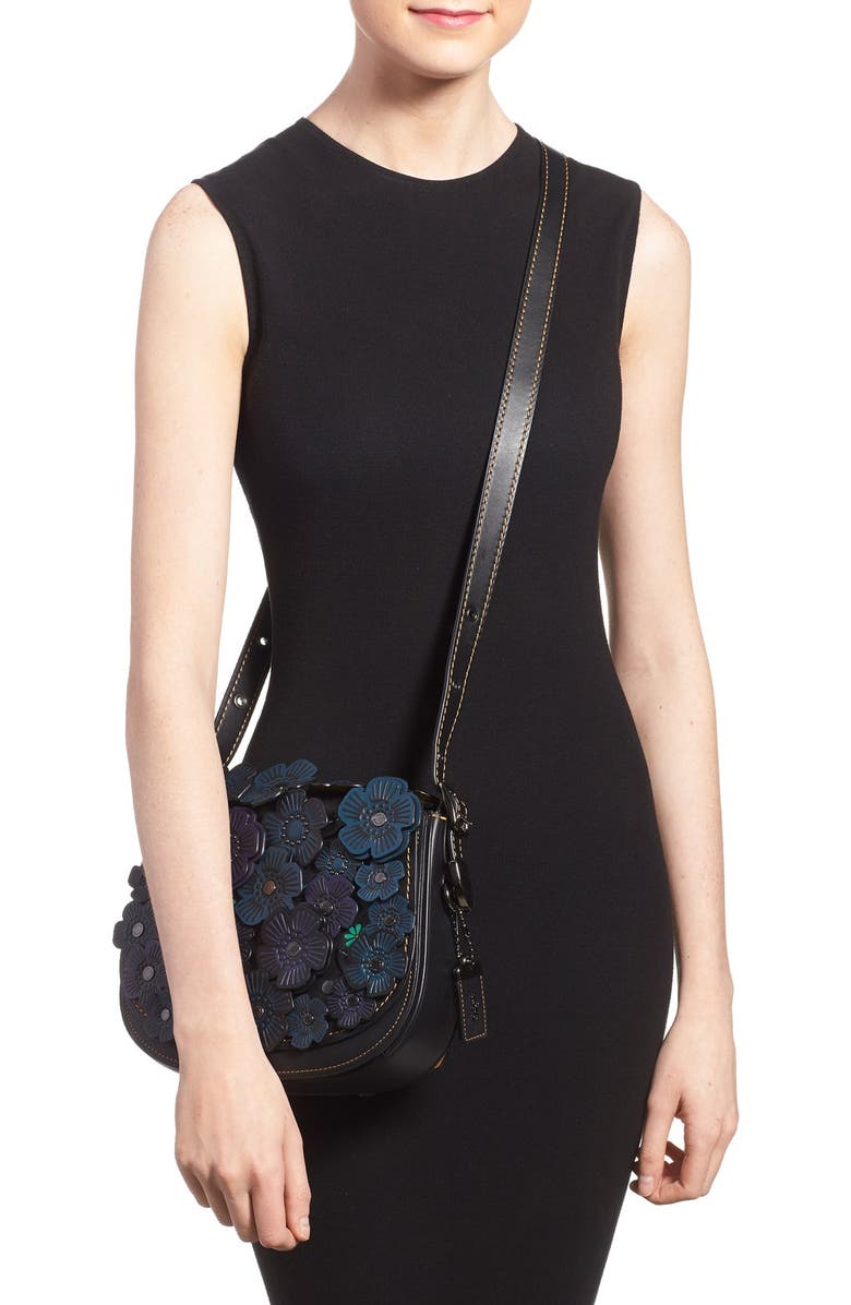 COACH 1941 '23' Flower Appliqué Leather Saddle Bag, Alternate, color,