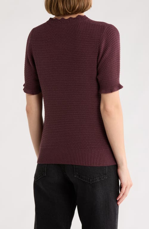 Melrose And Market Scalloped Short Sleeve Cotton Blend Sweater In Burgundy