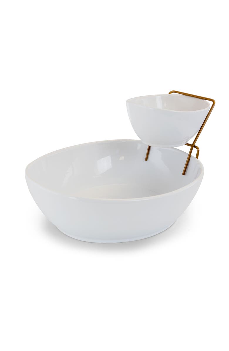 Gibson Elite Gracious Dining 2 Tier Chip and Dip Server Set with Metal Rack, Alternate, color, White