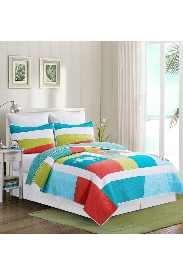 Santorini Coastal Beach Patchwork Embroidered and Applique Cotton Quilt Set  - Machine Washable, Alternate, color, Blue
