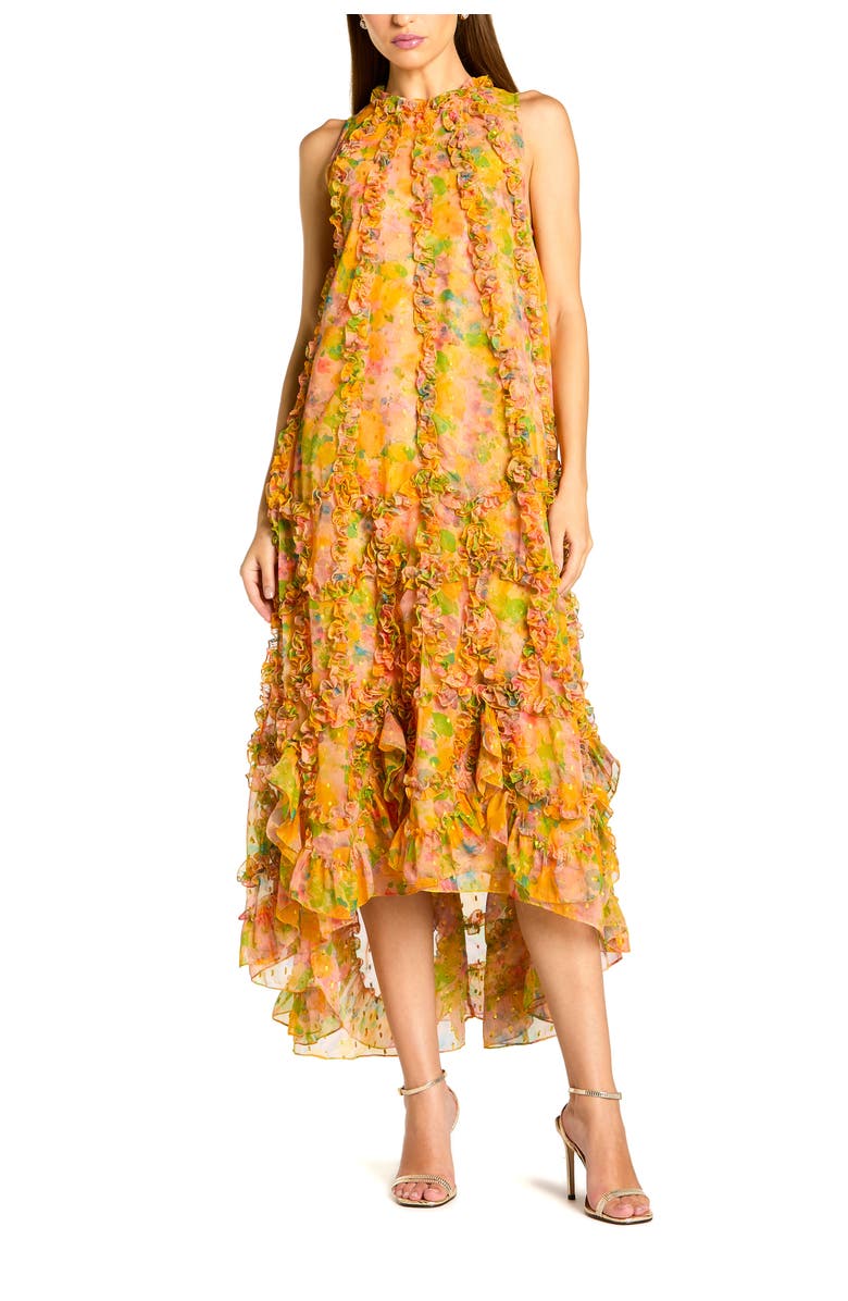Mac Duggal Sleeveless Floral Print Chiffon Micro Ruffle Gown, Main, color, Mango Multi