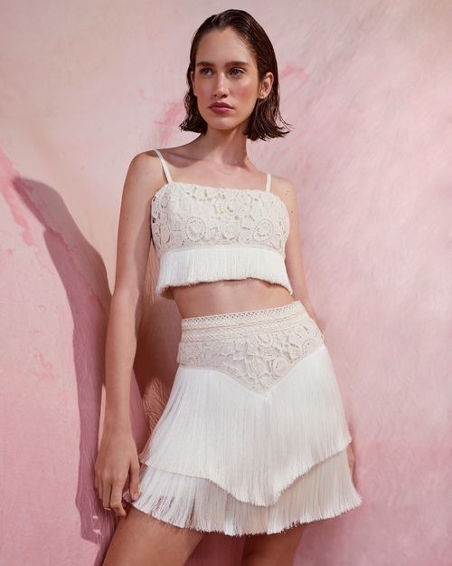 Shop Patbo Crochet Fringe Mini Skirt In Wheat