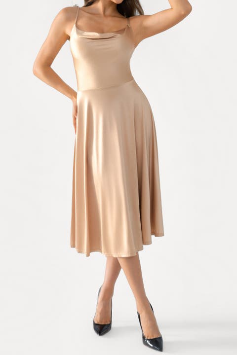 Shapewear Strappy Cowl Neck Fit & Flare Midi Dress