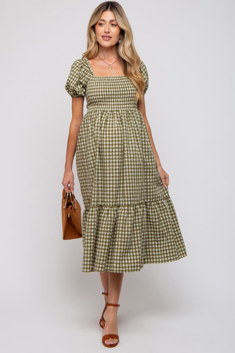 Gingham Smocked Midi Dress, Alternate, color, Olive Green
