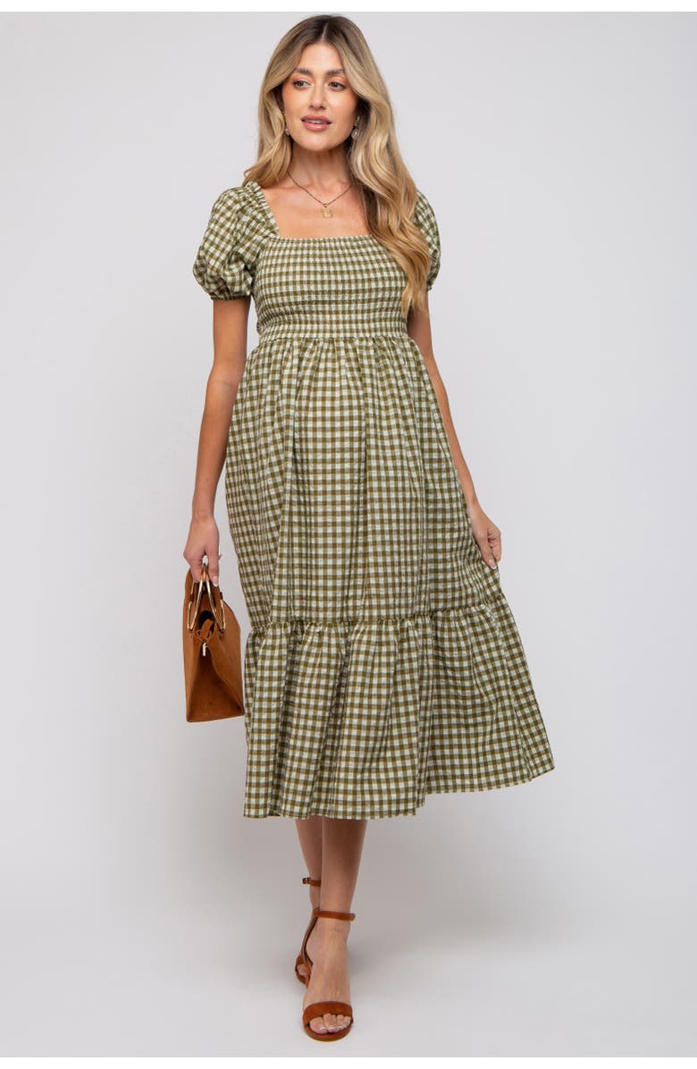 PinkBlush Gingham Smocked Midi Dress, Alternate, color, Olive Green