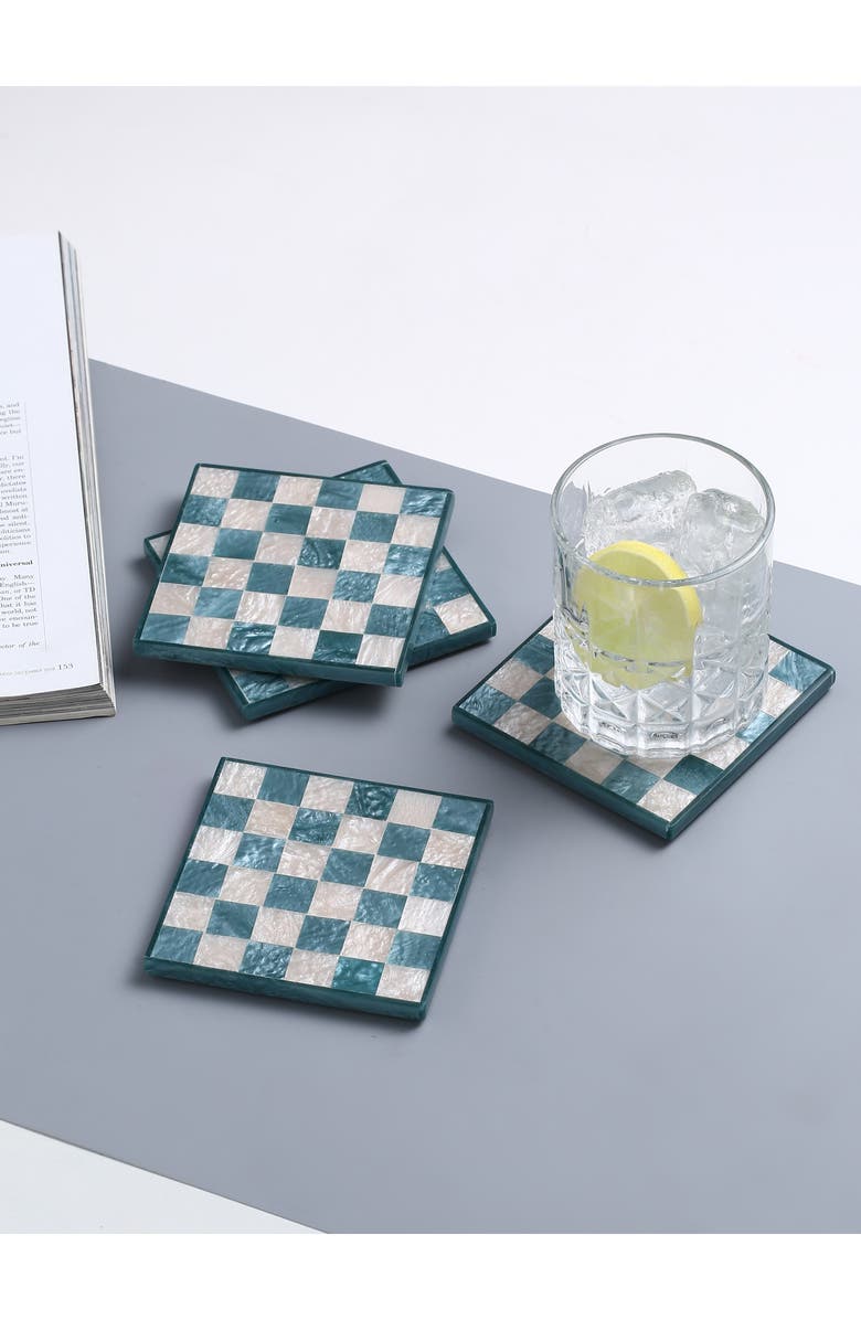 Tiramisu Set of 4 Checkered Resin Coasters, Alternate, color, Blue