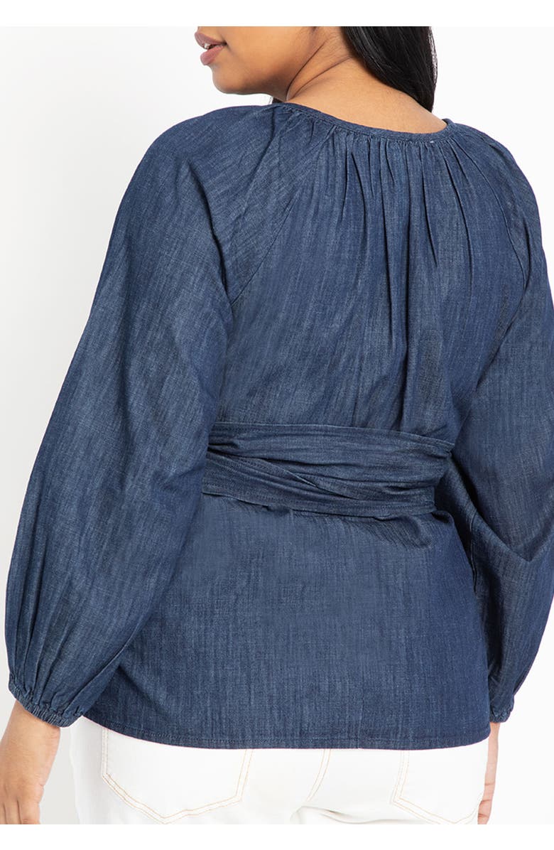 ELOQUII Dramatic Faux Wrap Top, Alternate, color, Dark Wash