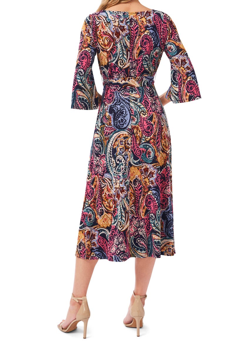 Belted Split Sleeve Midi Dress, Alternate, color, NAVY/ MAUVE/ BLUE