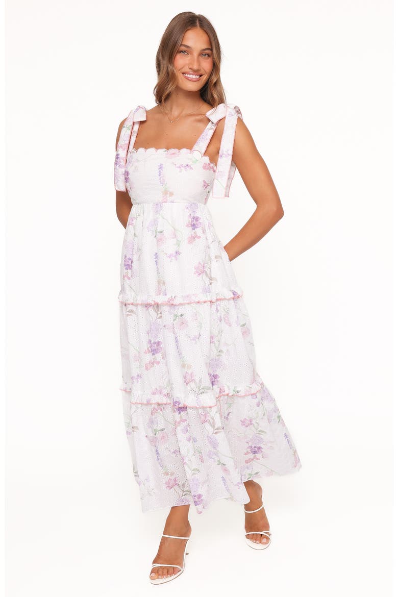 Aurelia Eyelet Tie Strap Tiered Maxi Dress, Alternate, color, PURPLE FLORAL