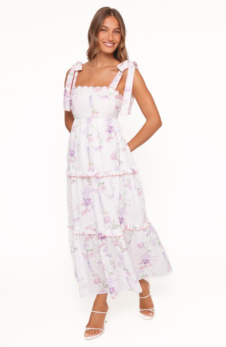 Petal & Pup Aurelia Eyelet Tie Strap Tiered Maxi Dress, Alternate, color, Purple Floral