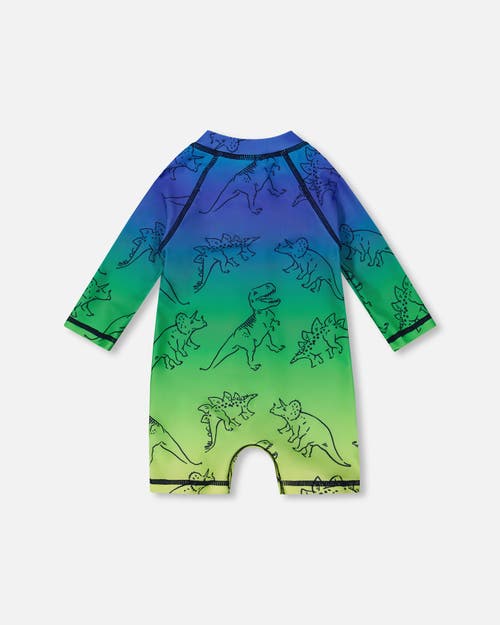 Deux Par Deux Baby Boy's Printed Long Sleeve One-piece Rashguard Vibrant Blue And Green Dino In Vibrant Blue And Green Dino