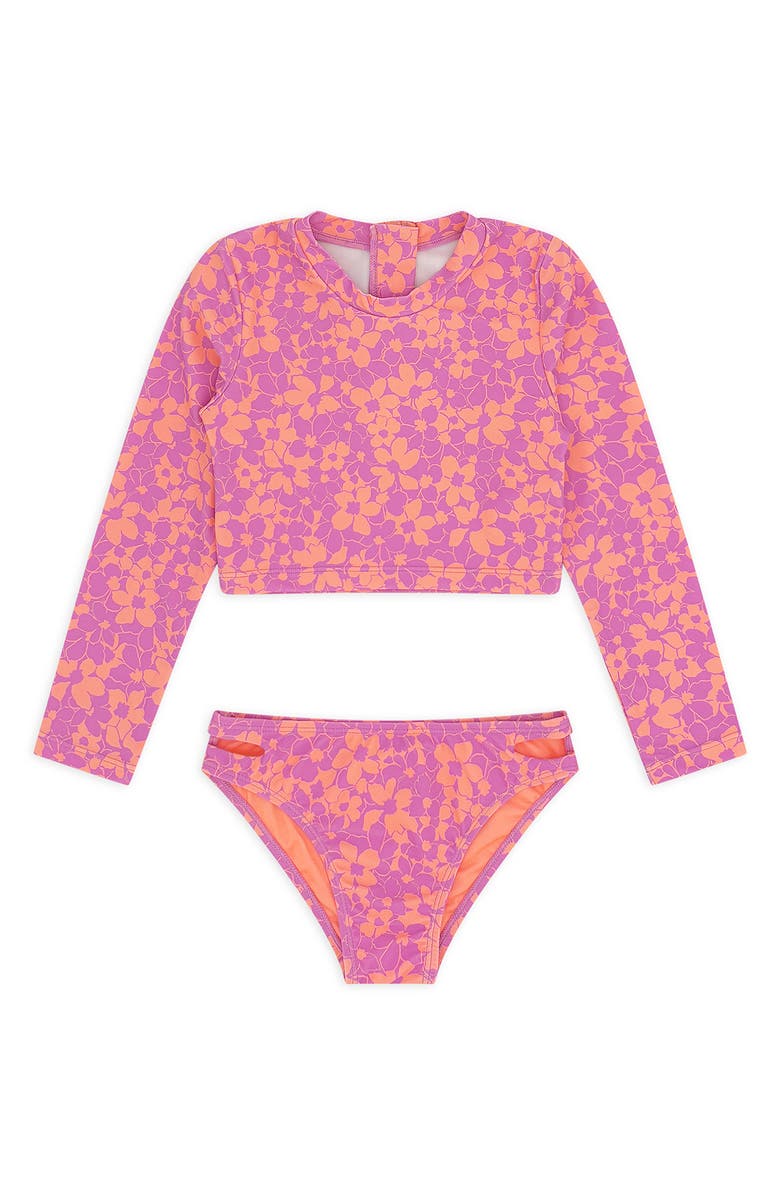 Feather 4 Arrow Kids' Waves 4 Days Long Sleeve UPF 50+ Two-Piece Rashguard Swimsuit, Main, color, Magenta Punch