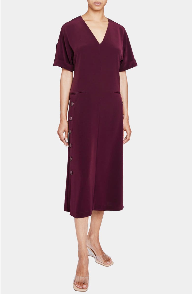 Santorelli SERAFINA Short Sleeve Midi A-Line Sheath Dress in Fluid Cady, Main, color, Burgundy
