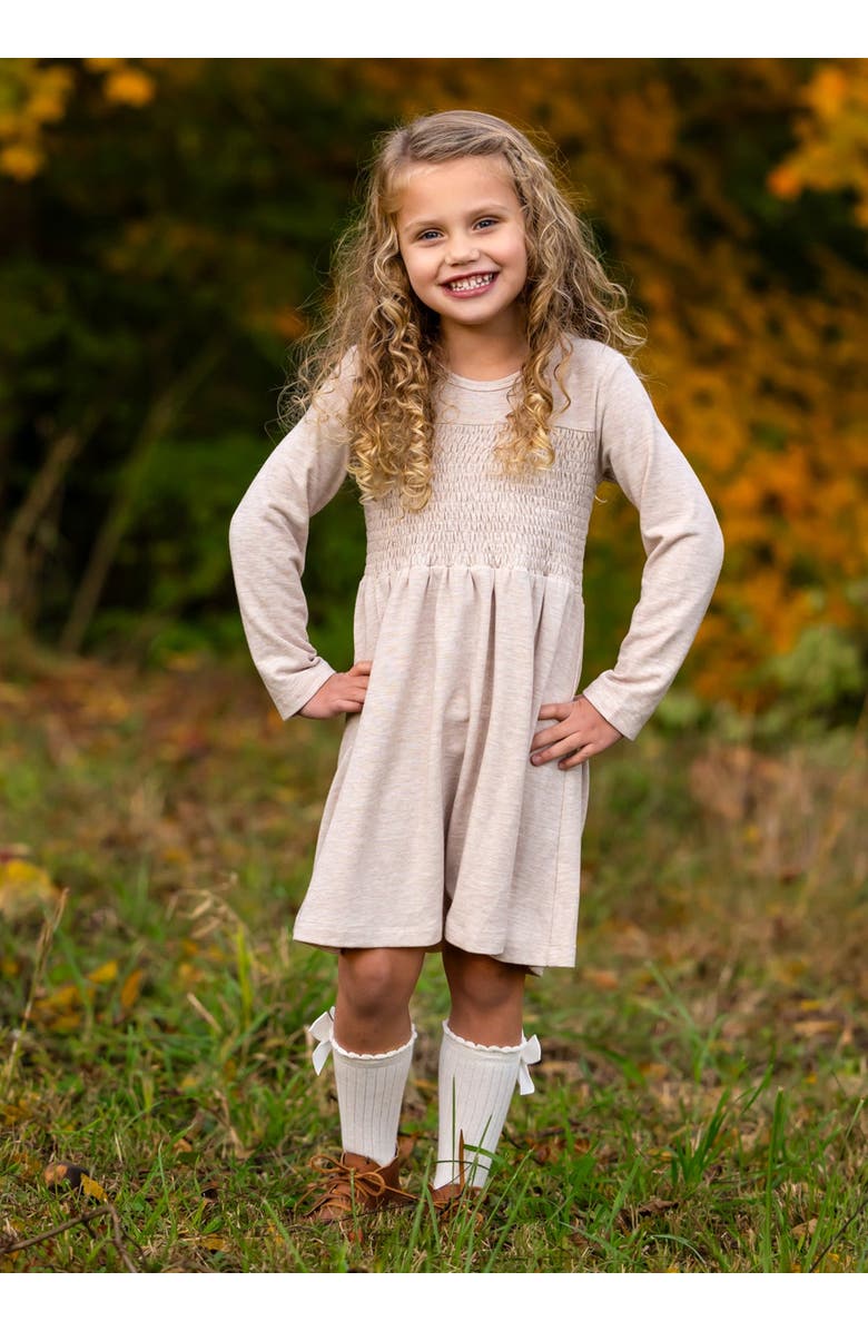 Mabel + Honey Mabel and Honey Millie Smocked Natural-Waist Toddler Dress, Beige Long-Sleeve Polyester-Blend., Alternate, color, Brown