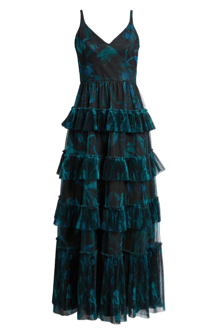Freya Tulle Plissé Ruffle Gown, Alternate, color, DARK BLUE FLORAL