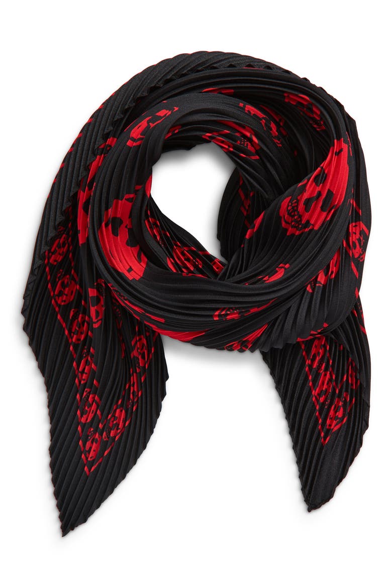 Classic Skull Print Pleated Silk Square Scarf, Alternate, color, BLACK/ RED