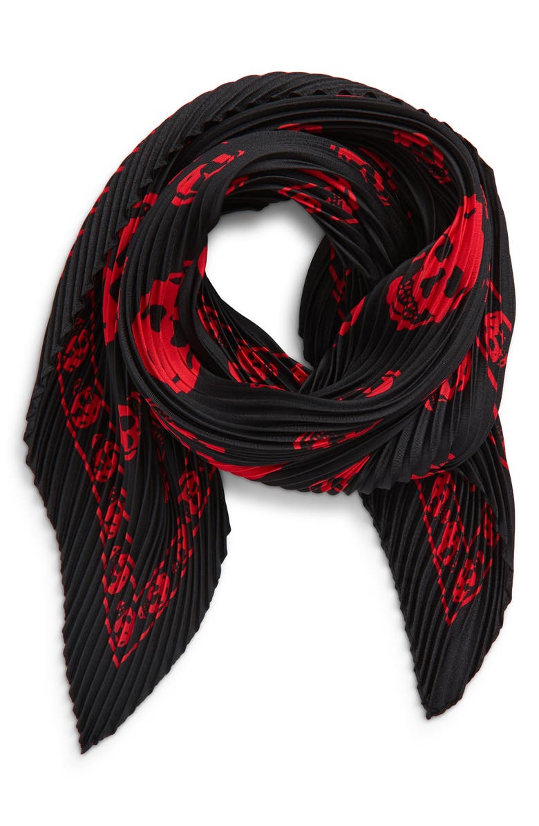 McQueen Classic Skull Print Pleated Silk Square Scarf, Alternate, color, Black/ Red