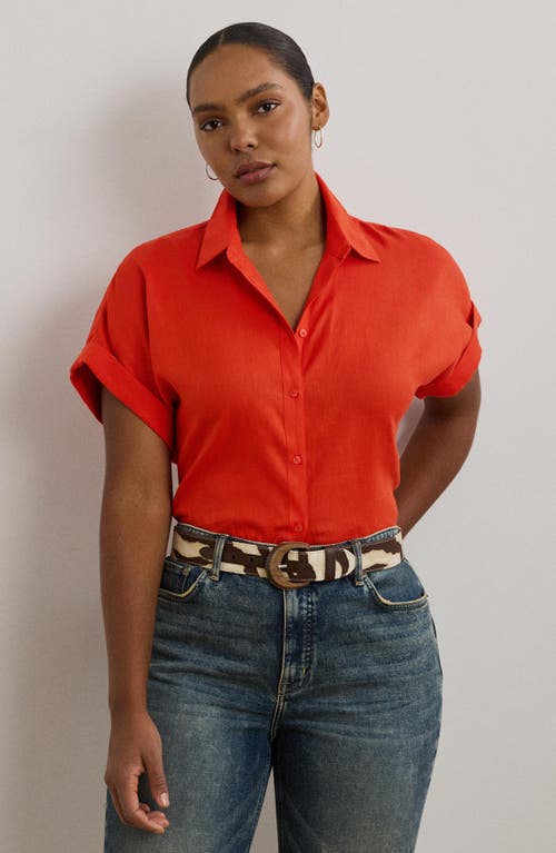 Ralph Lauren Lauren Relaxed Fit Short Sleeve Linen Button-up Shirt In Red