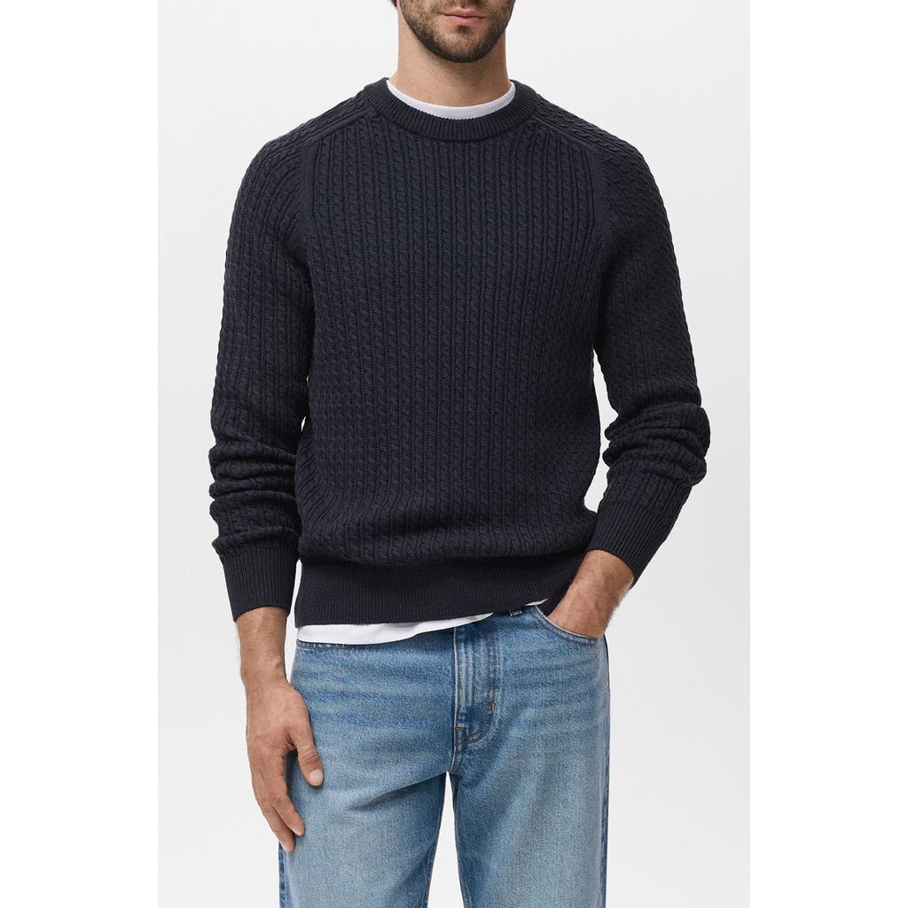 Mango Cabled Cotton Crewneck Sweater In Blue
