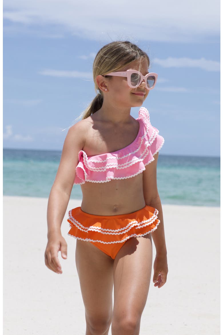Kids' One Shoulder Pink-Orange Multi-Layered Ruffle Two-Piece Swimsuit, Alternate, color, Pink-Orange
