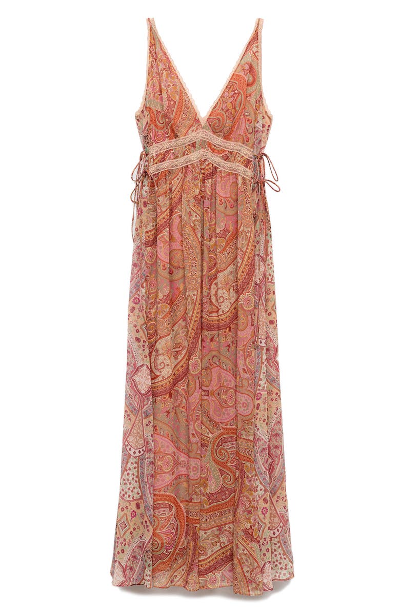 MANGO Paisley Lace Trim Maxi Slipdress, Alternate, color, Brown
