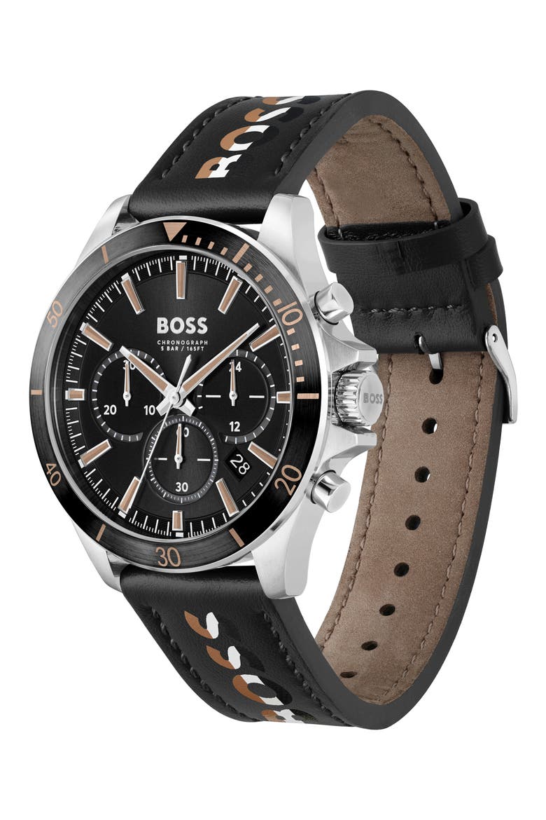 Troper Chronograph Leather Strap Watch, 45mm, Alternate, color, BLACK