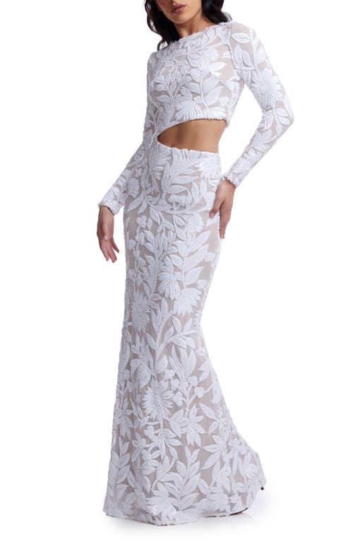 DRESS THE POPULATION DRESS THE POPULATION CANDACE FLORAL SEQUIN CUTOUT LONG SLEEVE MERMAID GOWN