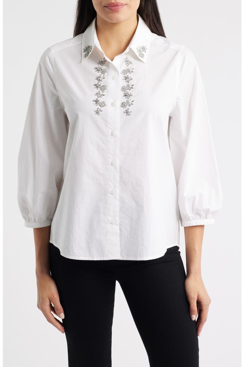 Oceana Isle Rhinestone Cotton Poplin Button-Up Shirt, Main, color, WHITE
