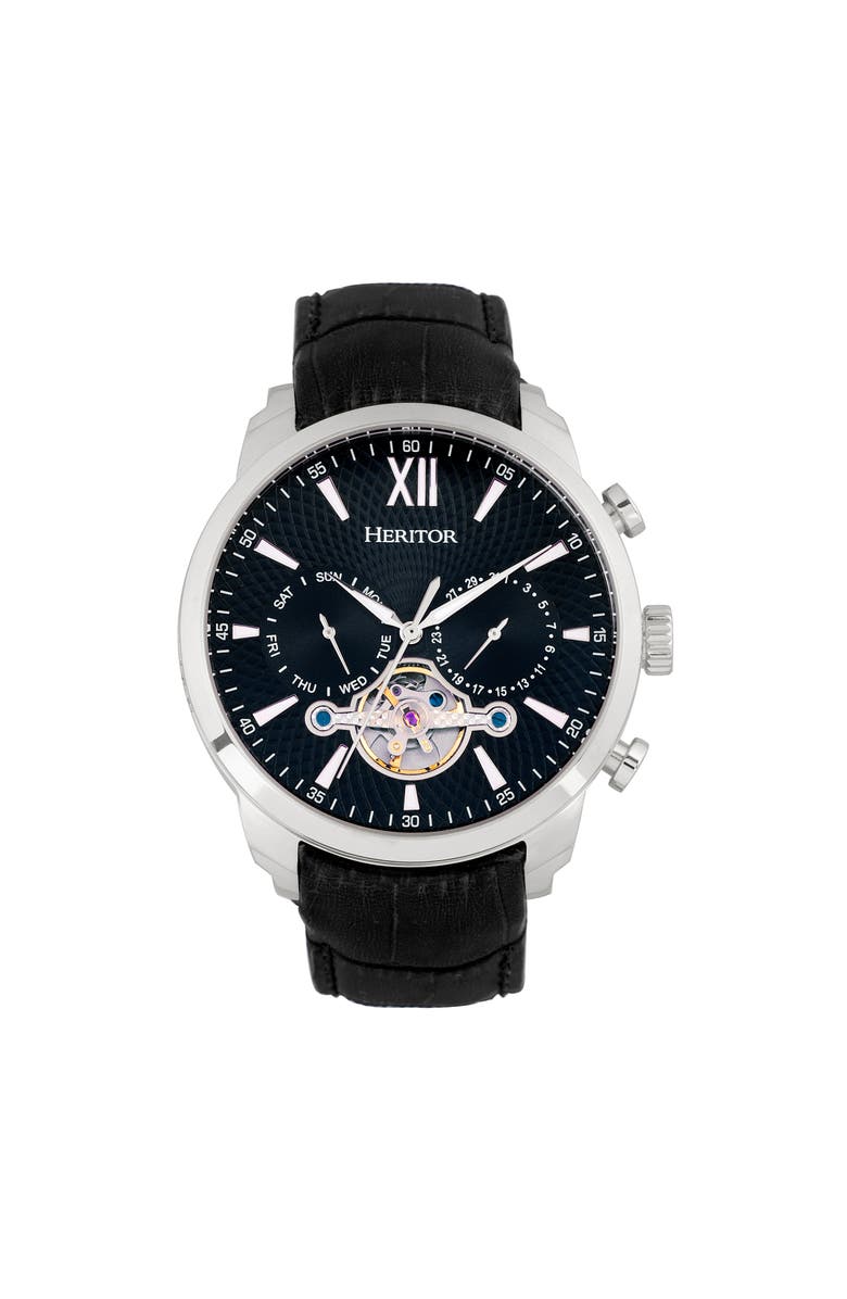 Heritor Automatic Arthur Semi-Skeleton Leather-Band Watch w/ Day/Date, Main, color, Silver/Black