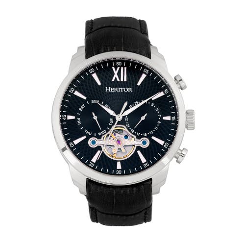 Heritor Automatic Arthur Semi-Skeleton Leather-Band Watch w/ Day/Date in Silver/black at Nordstrom