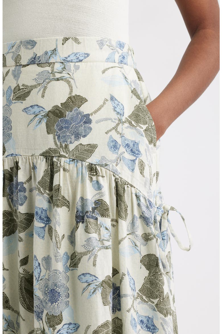 Tiered Drop Waist Linen Blend Midi Skirt, Alternate, color, IVORY- OLIVE JACOBEAN BLOOM