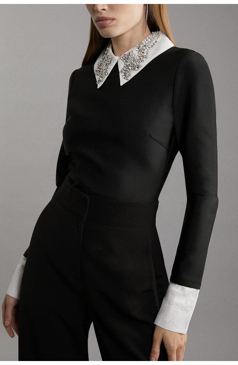 Karen Millen Bandage Embellished Collar Knit Top, Alternate, color, Black