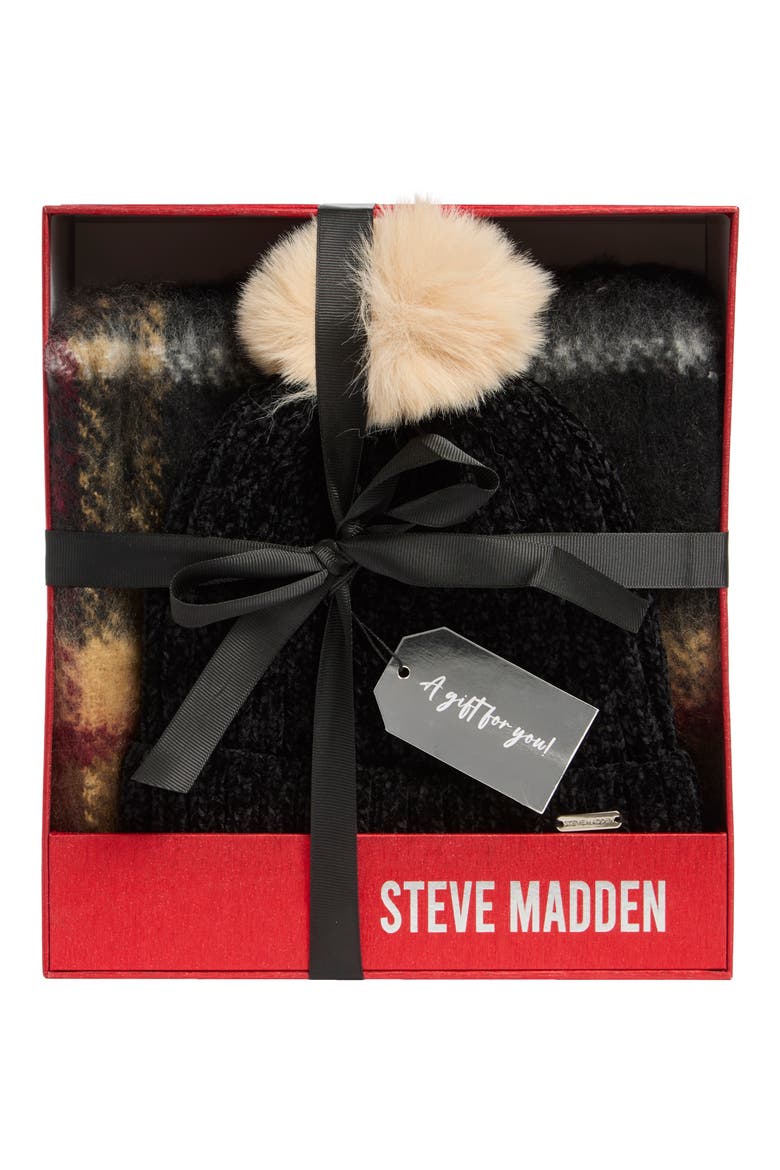 Plaid Scarf & Chenille Beanie Gift Set, Main, color, BLACK