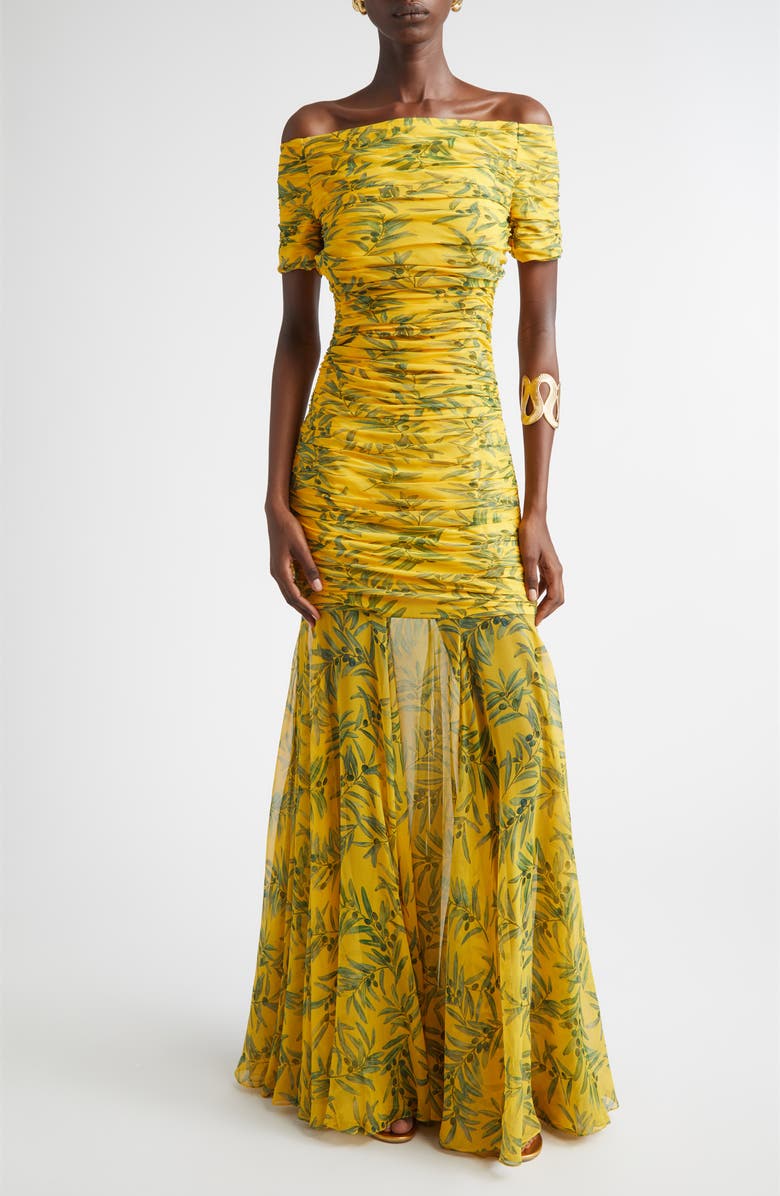 Carolina Herrera Olive Branch Off the Shoulder Silk Ruched Gown, Main, color, Daffodil/ Multi