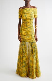 Carolina Herrera Olive Branch Off the Shoulder Silk Ruched Gown