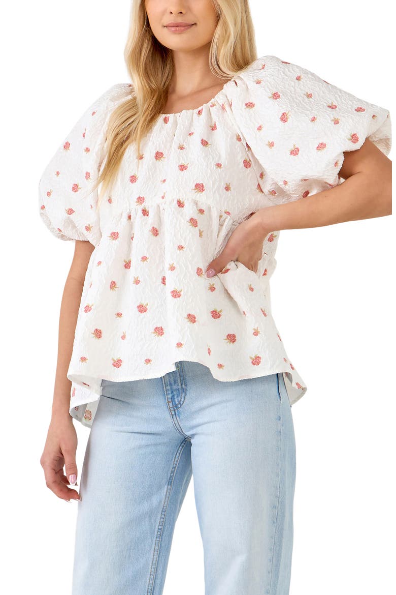 English Factory Floral Jacquard Puff Sleeve Babydoll Top, Alternate, color, WHITE