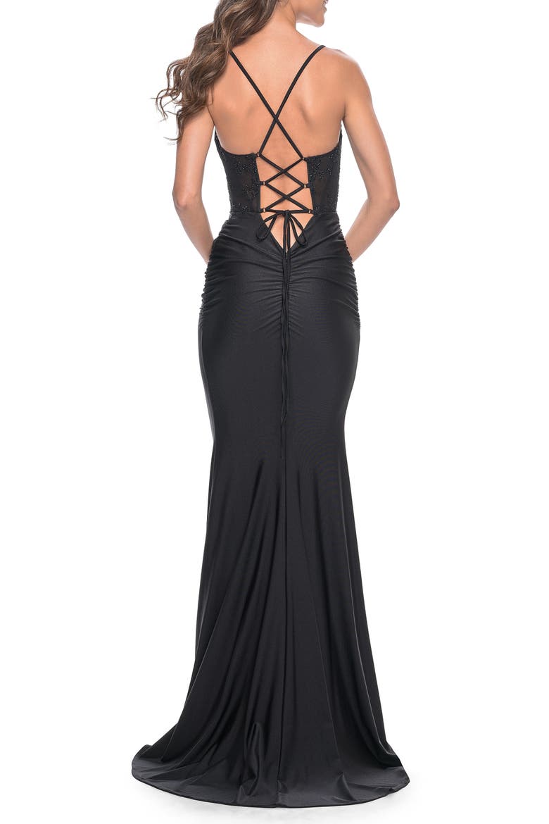 Ruched Jersey Dress with Illusion Corset Lace Top, Alternate, color, Black