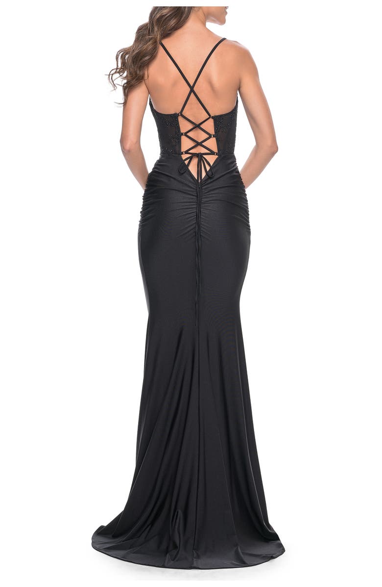 La Femme Ruched Jersey Dress with Illusion Corset Lace Top, Alternate, color, Black