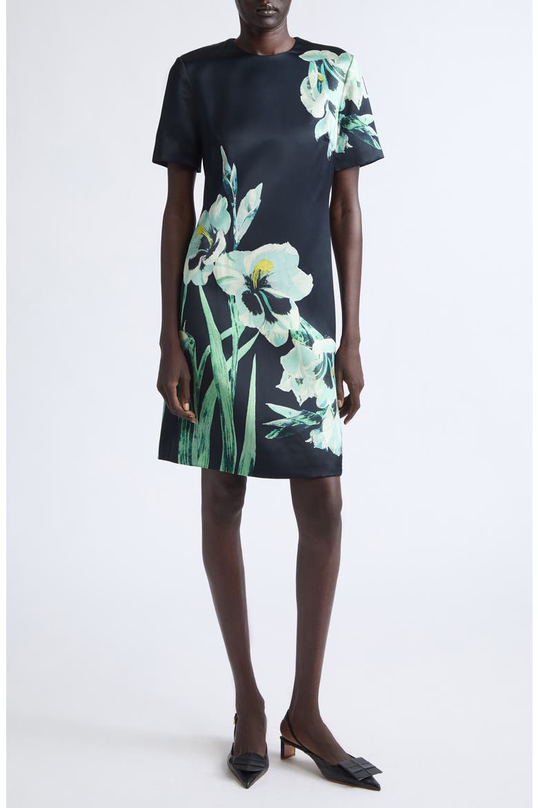 Floral Print Duchesse Satin A-Line Dress, Main, color, MIRRORED ORCHID NAVY