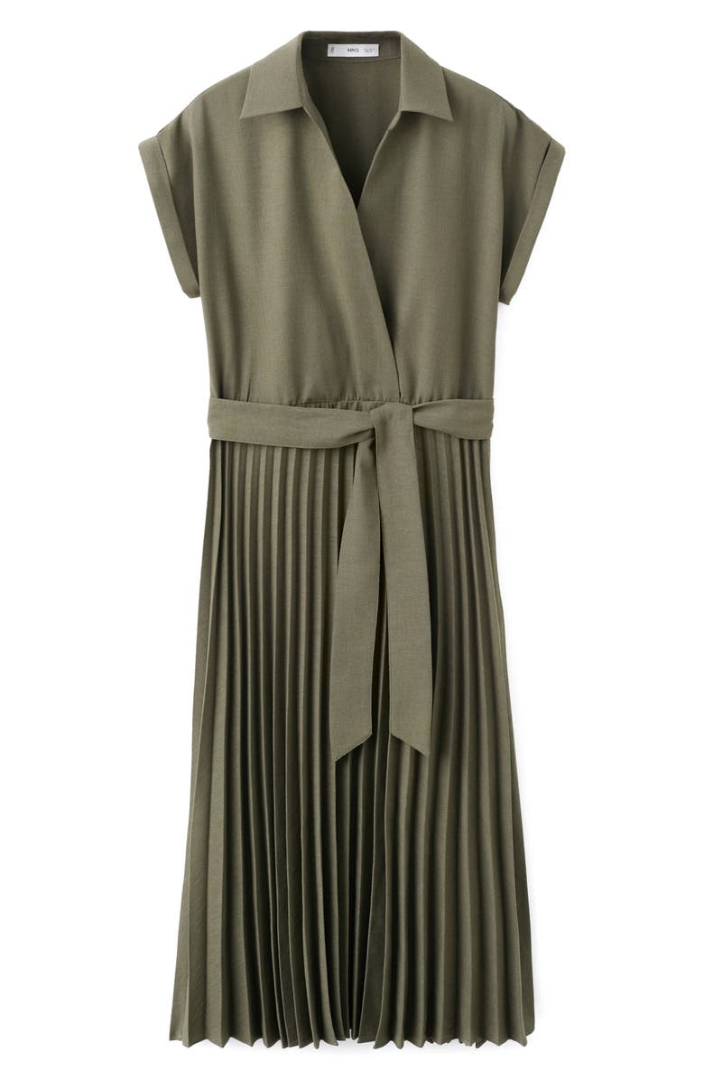 MANGO Pleated Tie Waist Maxi Shirtdress, Main, color, Khaki Green