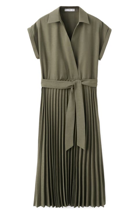 Pleated Tie Waist Maxi Shirtdress