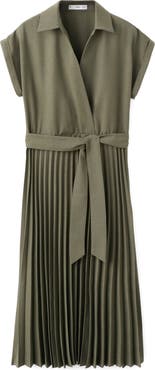 MANGO Pleated Tie Waist Maxi Shirtdress