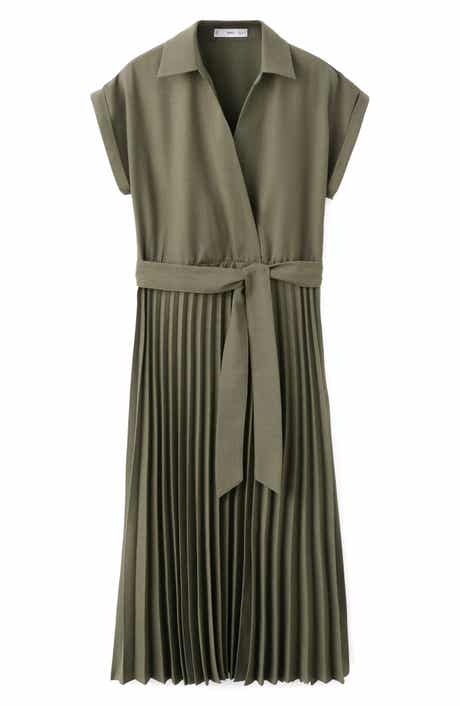 Pleated Tie Waist Maxi Shirtdress