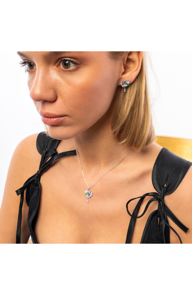 Spero London Pansy Violet Floral Necklace in Sterling Silver, Alternate, color, Silver