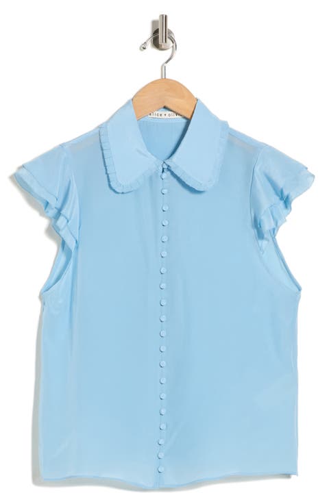 Martel Flutter Sleeve Silk Button-Up Top