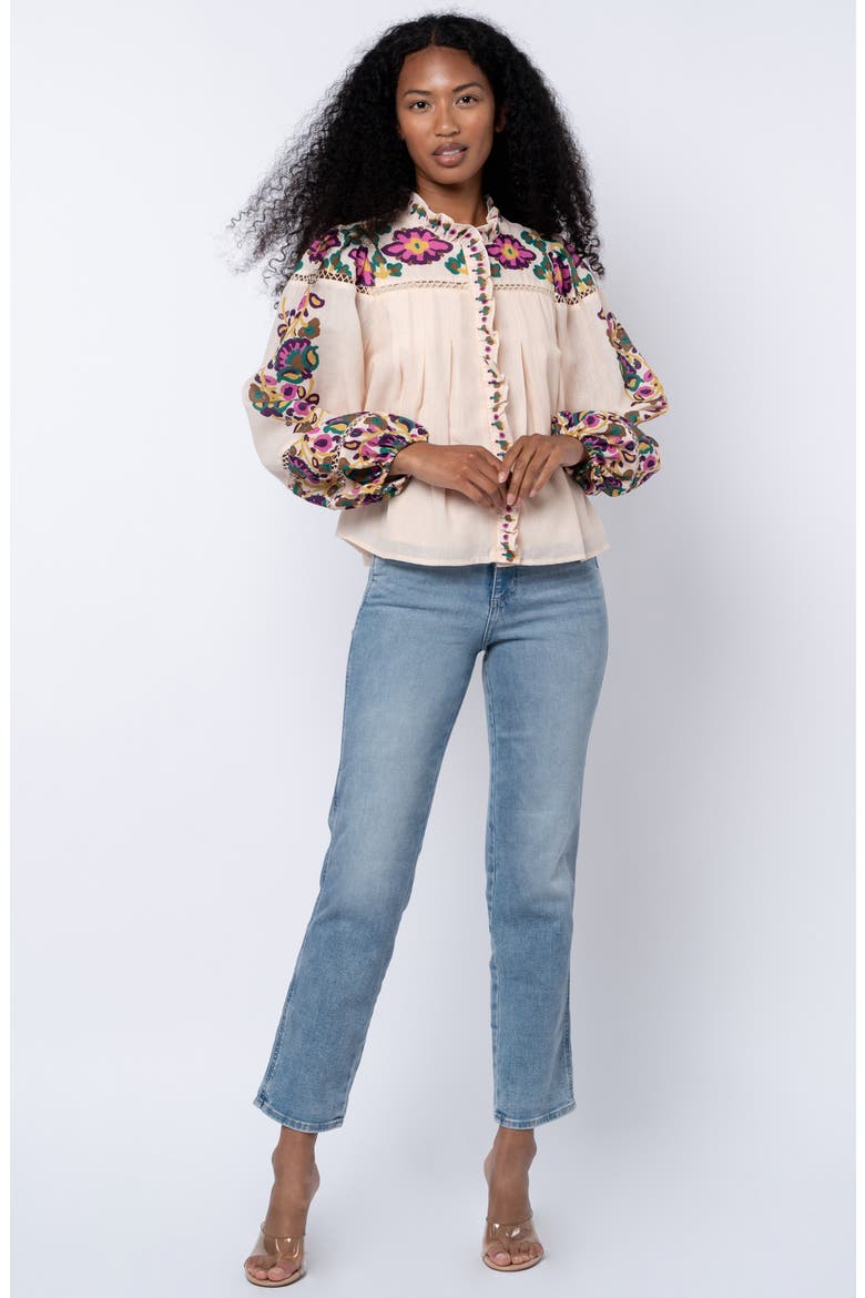 Isme Placed Floral Ruffle Placket Button-Up Shirt, Alternate, color, CREAM MULTI